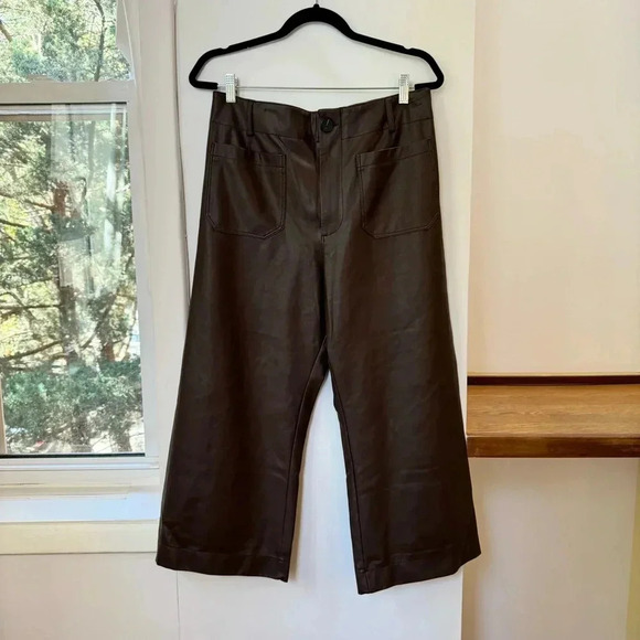 New Anthropologie The Colette Cropped Wide Leg Pants Faux Leather Brown 32P - Picture 13 of 14